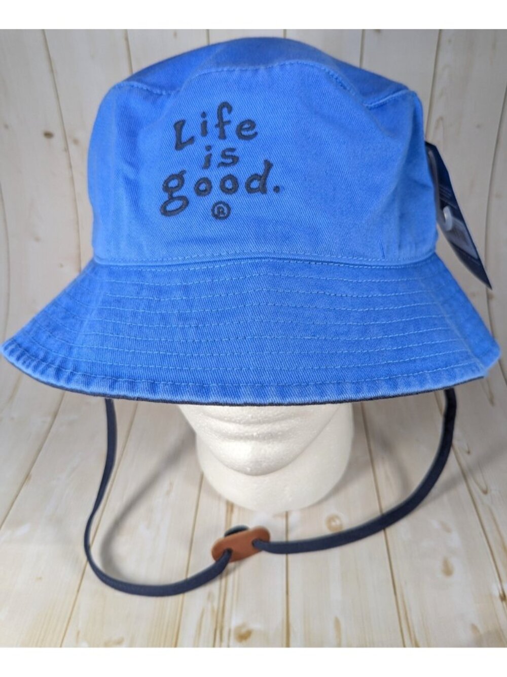 New NWT Life is Good Blue 100% Cotton Bucket Hat Vintage Wordmark Style Unisex